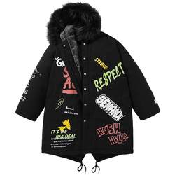 GENANX lightning brandy trendy raccoon fur hooded coat cotton winter printed mid-length thick coat to keep warm.