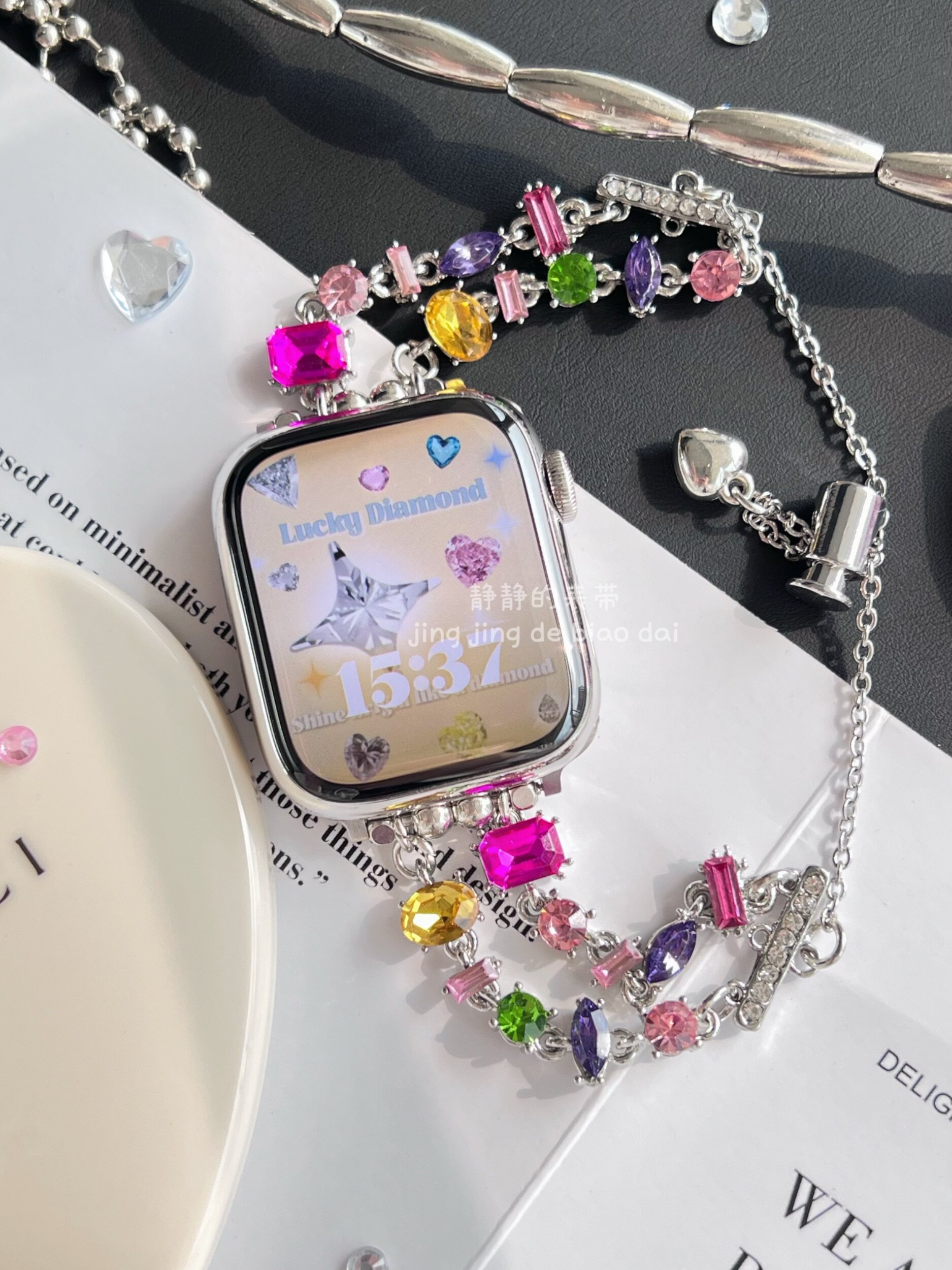 Gemstone and diamond bracelet, metal Hua Zixia pastel color, suitable for Apple Watch 98765SE Quiet watch band.