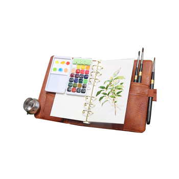 Thunder Tiger Mini 24-Color Travel Watercolor Paint Box Set Portable Art Special Tool Kit Palette Pu Leather Loose-Leaf Notebook Travel Carry-On Painting Sketching