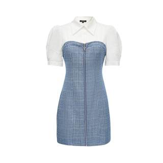Houndstooth denim skirt with puff sleeves and sweet houndstooth