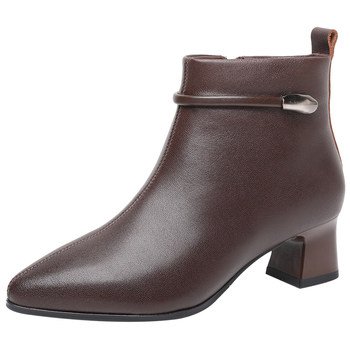 Genuine leather pointed toe short boots for women in winter thick heel fashion women's boots high heel leather shoes soft sheepskin slim ankle boots plus velvet cotton shoes