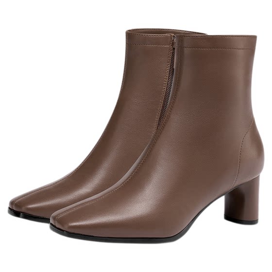 
[High score impression] Sasasu 2024 autumn and winter new square head medium tube high thick heel fashion boots for women French nude boots 2024 autumn and winter