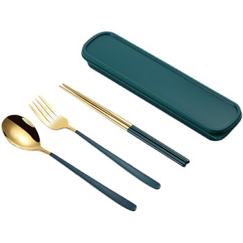 Portable chopsticks and spoon set for one person, children's tableware three-piece set, stainless steel fork, single student storage box