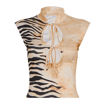 Msyoucan ຮູບແບບສັດ retro ພິມພິມ hollow lace-up vest slimming ສາວຮ້ອນ stand collar sleeveless ເທິງ