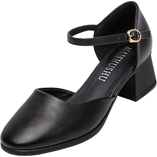 方头凉鞋女粗跟夏季包头中跟黑色高跟鞋女职业一字扣带中空女皮鞋