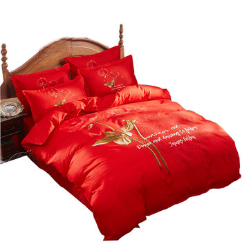 Big red pure cotton bedding double simple four-piece set