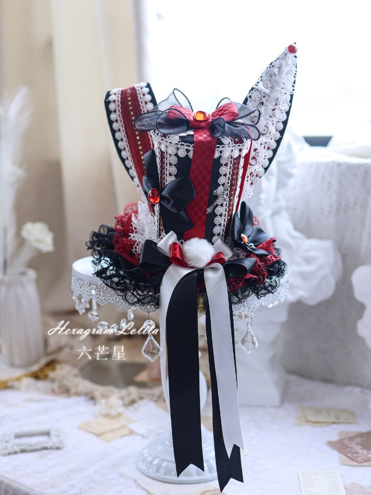 Collapse Iron Spark Hua Modified Cosplay Black and White Red Rabbit Ears Magician Hexagram Lolita Handmade Circus Hat