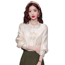 New Chinese Womens Dress National Style Pan Button Shirt Woman Spring Automne New Long Sleeve Small Shirt Lantern Sleeve Embroidered Blouse