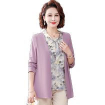 Middle-aged and elderly womens bottoming shirt T-shirt small shirt fake two-piece long-sleeved top middle-aged mother 2024 spring and autumn new set