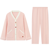Red bean pajamas womens long-sleeved spring and autumn brushed soft and comfortable cardigan loose and sweet can be worn outside home clothes set
