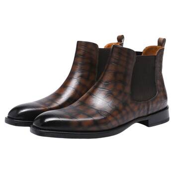 British set-foot chelsea boots for men, genuine leather outsole, crocodile pattern embossed handmade one-piece mid-top leather shoes, short boots