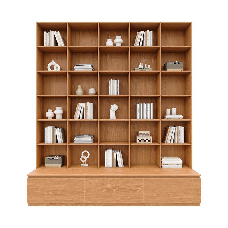 Oak custom-made study room with wall-to-wall card holders, integrated bookcase and bookshelf, living room to the top, full-wall display cabinet with solid wood ornaments