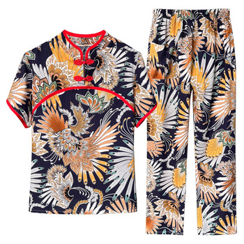 Summer mom cotton silk suit women's retro cheongsam style loose breathable rayon short sleeve casual suit two-piece