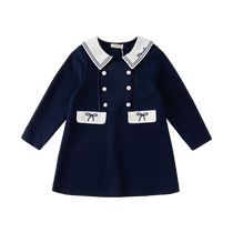 David Bella Girls Navy Neck Dress 2024 New Autumn Dress Older Childrens College Style Princess Dress