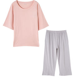 Dingguagua home wear suit women's round neck short-sleeved cropped pants ສີແຂງ pajamas ຝ້າຍບໍລິສຸດ slub ຝ້າຍ pullover ບາງ summer