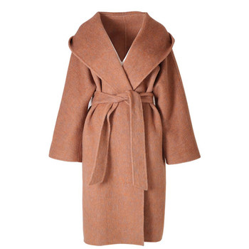 Orange brown camel hooded coat for women double-sided woolen coat for women autumn and winter mid-length loose thickened cashmere woolen coat