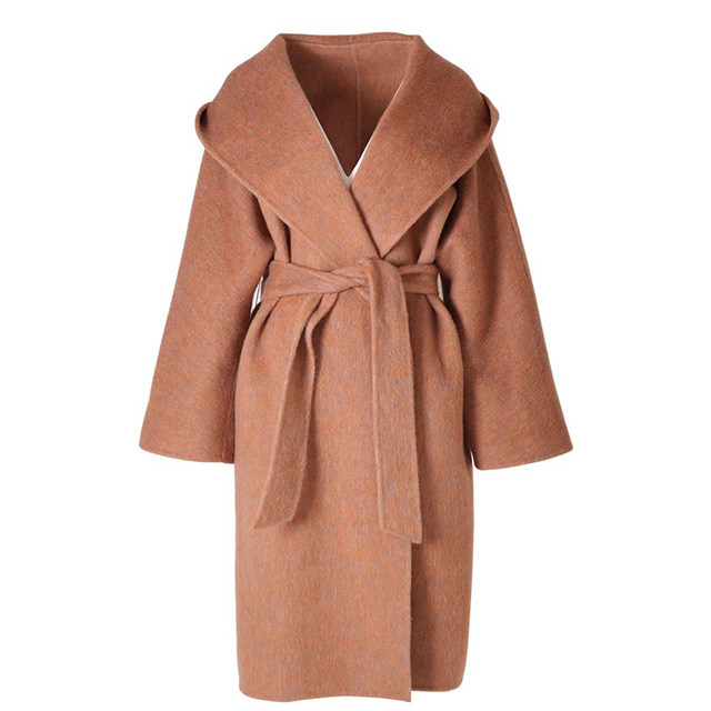 Orange brown camel hooded coat for women double-sided woolen coat for women autumn and winter mid-length loose thickened cashmere woolen coat