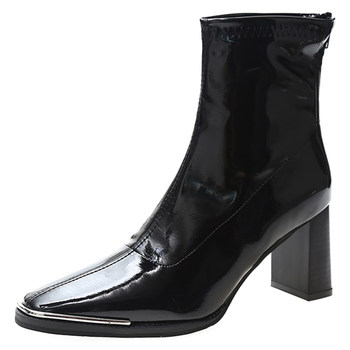 ສະຖານີເອີຣົບ Martin Boots Women's 2024 New Spring and Autumn Square Toe Versatile Patent Leather High Heels Slim Boots Thick Heel Short Boots