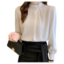 Tidal Nail Pearl Upright Collar Snowspinning Shirt Woman Spring Autumn Temperament Reduction Career Positive Dress White Shirt With Clot Foam Sleeve Blouse