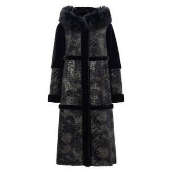 马天奴女装秋冬新款黑色印花狐狸毛领连帽大衣外套长款保暖轻奢