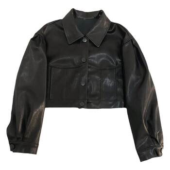 2024 Spring and Autumn Black Leather Jacket Women's Loose Short Waist High Waist Retro Hong Kong Style Washed PU Leather Jacket ຜູ້ຊາຍຂະຫນາດນ້ອຍ