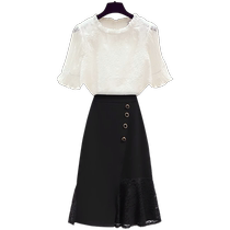 2024 new summer white chiffon shirt womens lace stitching fishtail irregular skirt two-piece suit