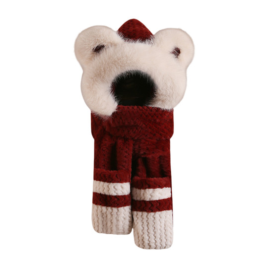 可爱小熊帽子围巾一体女新款秋冬季加绒围脖防寒保暖毛茸茸护耳帽