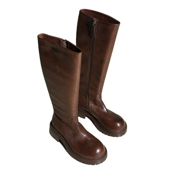 Washed horsehide knee-high chimney boots with round toe and thick heel