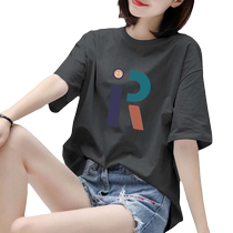 Almond Pure Cotton Short Sleeve T-shirt Femme Summer New Loose Medium Long demi manches Compassion Fashion Letters Printed Blouse