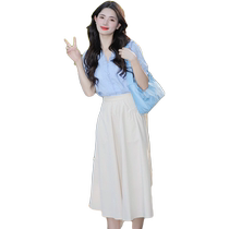 2024 new summer womens clothing sweet and age-reducing V-neck puff sleeves versatile short-sleeved shirts and skirts two-piece suits