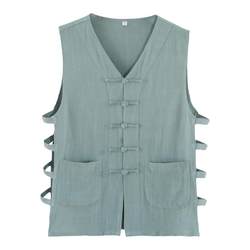 High-end linen buckle Chinese style sweat vest old Beijing vest men's jacket grandpa Han shirt Northern Shaanxi waist drum waistcoat