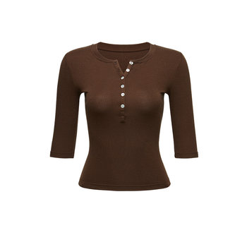 Asomesomesong zuer ແບບດຽວກັນຂອງອາເມລິກາ henry collar ເສື້ອທີເຊີດກາງແຂນຂອງແມ່ຍິງດູໃບໄມ້ລົ່ນ quarter-sleeve slim bottoming shirt top