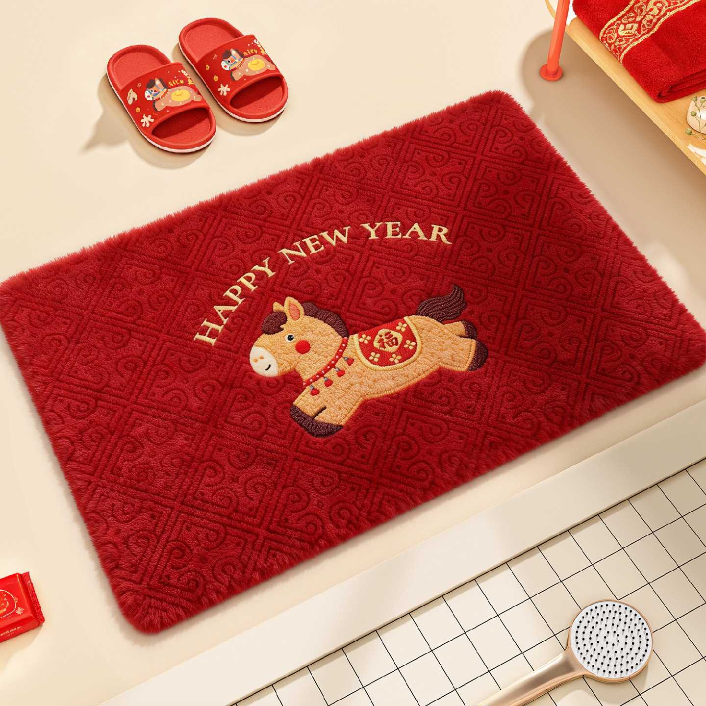 Red Year of the Horse Bathroom Floor Mat Bathroom Water-Absorbent Anti-Slip Mat 2026 New Toilet Door Plush Carpet