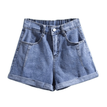 Elastic waist curled denim shorts for women summer thin 2024 new high waist versatile loose wide leg a-line hot pants