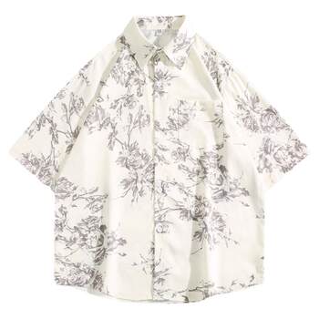 BOYUE Silky Summer Trendy Brand Full Printed Shirt Men's Hong Kong Style Retro Loose and Cool Short-Sleeved Shirt ແບບຫາດຊາຍ