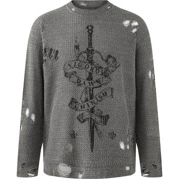 Chinism red dust knight print ripped sweater men Chinism red dust knight print ripped sweater men