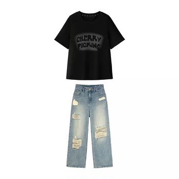 I am your cc casual outfit ~ high waist slim ripped jeans for women black printed short-sleeved T-shirt