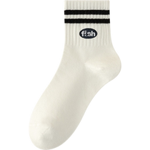 Socks Womens Socks Spring and Autumn Pure Cotton Deodorant Summer Style 100% Cotton Breathable Sports Womens Black and White Mid-Tube Socks