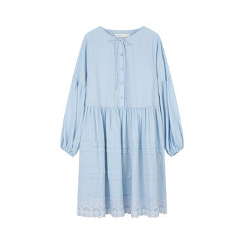 Blueerror lantern sleeve lace blue sleeve long sleeve dress lazy round neck seaside long dress early autumn skirt