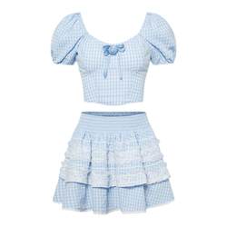 AooRaa ballet style blue plaid rose puff sleeve women's group suit