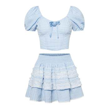 AooRaa ballet style blue plaid rose puff sleeve women's group suit