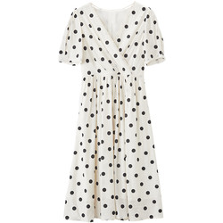 Xiangying French polka-dot dress for women 2024 summer new style retro temperament short-sleeved right shoulder shoulder high waist v-neck skirt