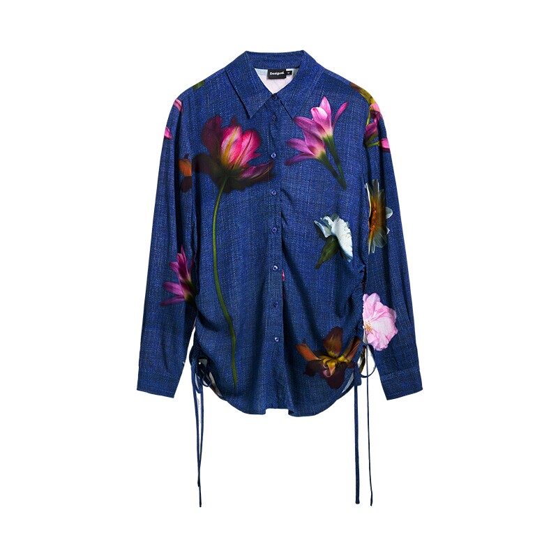 Desigual Faux Denim Floral Print Lapel Long Sleeve Blue Loose Women's Shirt Top