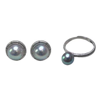 <cool neon>natural colorless akoya seawater pearl brushed sterling silver earrings ring for women
