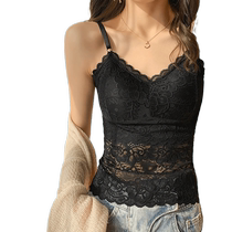 Womens lace vest with breast pads adjustable shoulder straps long slim fit bottoming shirt black V-neck tube top