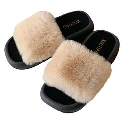 Japanese simple style casual versatile one-word home shoes autumn and winter 2023 women's fashion outer wear new furry slippers