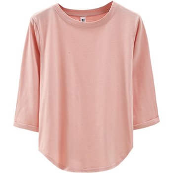 Early Autumn New Style Round Neck Loose Plus Size Bamboo Cotton Solid Color Curved Hem Pure Desire Mid-Sleeve T-Shirt Top for Women