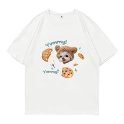 Guozii ງາມ puppy ບ່າຂວາແຂນສັ້ນ t-shirt ສີຂາວຂອງແມ່ຍິງຝ້າຍບໍລິສຸດ casual ຫວານໃຫມ່ວ່າງຄໍຮອບເທິງ