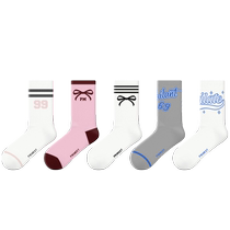 Socks Womens Mid-calf Socks Summer 2024 New Blokette Sports Style Striped Cotton Socks Breathable Bow Thigh Socks