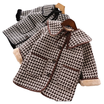 Girls woolen coat plaid mid-length coat childrens fashionable small fragrant lapel plus velvet thickened cotton coat autumn and winter